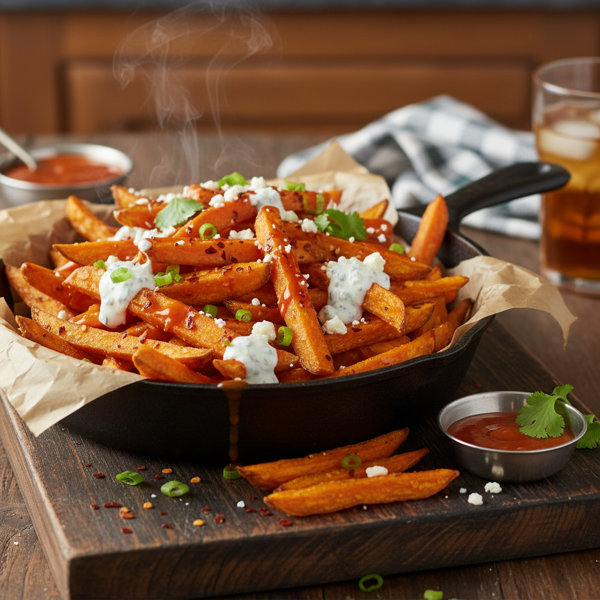 Crispy Spicy Sweet Potato Buffalo Fries recipe