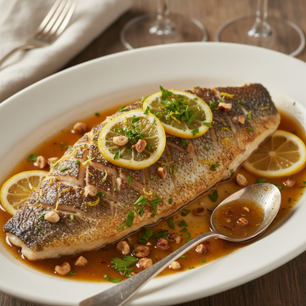 Crispy Striped Bass with Hazelnut-Brown Butter Sauce and Fresh Lemon-Parsley Garnish recipe