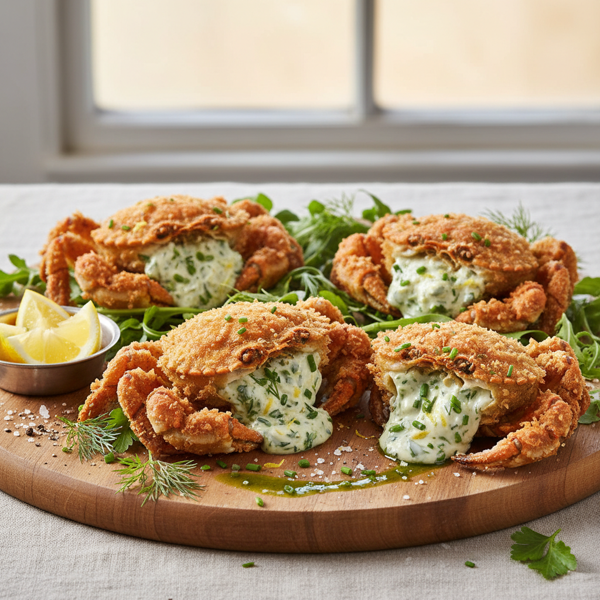 Crispy Stuffed Soft-Shell Crabs with Herb Cream Filling recipe