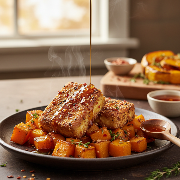 Crispy Sweet-and-Spicy Tofu with Honey-Roasted Squash recipe