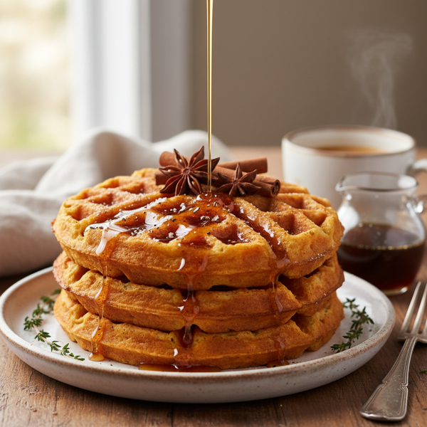 Crispy Sweet Potato Waffles with Spiced Maple Syrup recipe