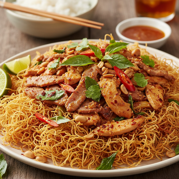 Crispy Thai Mee Krob with Stir-Fried Pork, Chicken, and Aromatic Herbs recipe