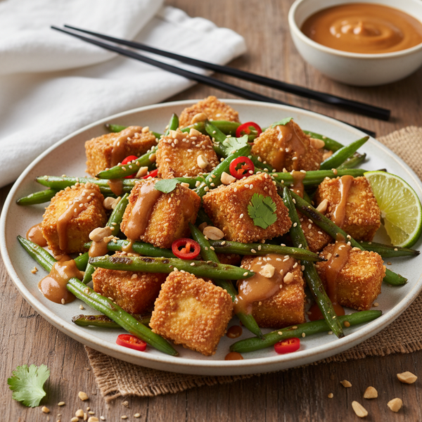 Crispy Tofu & Green Beans with Zesty Thai Peanut Sauce recipe