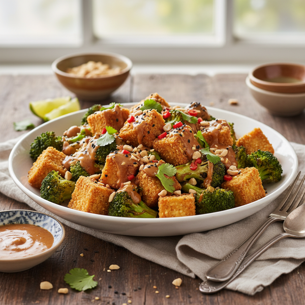 Crispy Tofu and Broccoli Delight with Spicy Peanut Sauce recipe