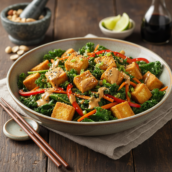 Crispy Tofu and Kale Stir-Fry with Creamy Peanut Sauce recipe