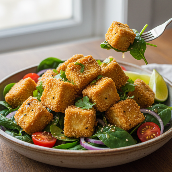 Crispy Tofu and Spinach Salad Delight recipe