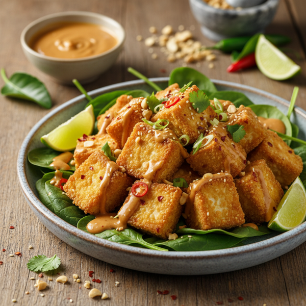 Crispy Tofu with Zesty Spicy Peanut Sauce over Fresh Spinach Salad recipe