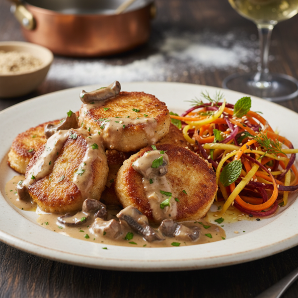Crispy Veal Sweetbreads with Porcini Cream Sauce and Vibrant Carrot Salad recipe