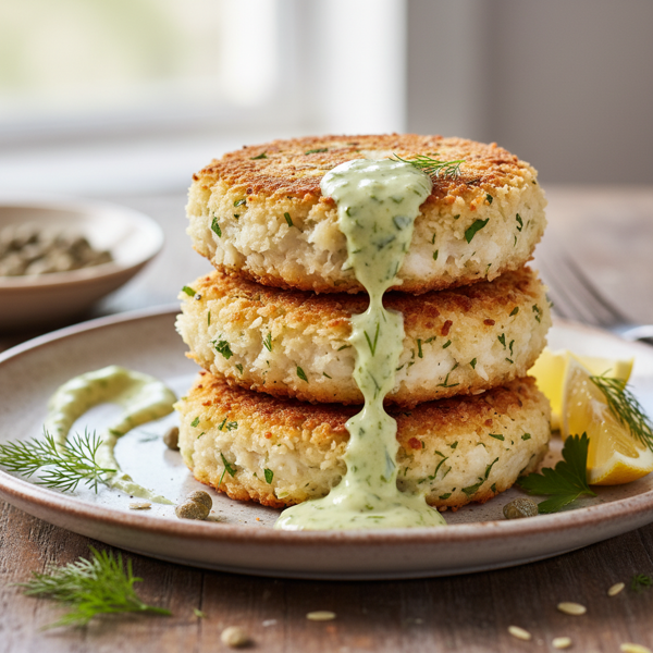 Crispy White Fish Cakes with Zesty Green Goddess Sauce recipe