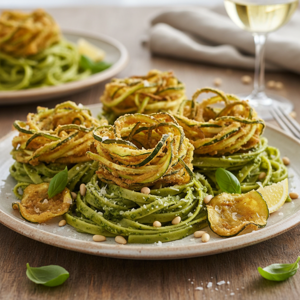 Crispy Zucchini and Pesto Pasta Nests recipe