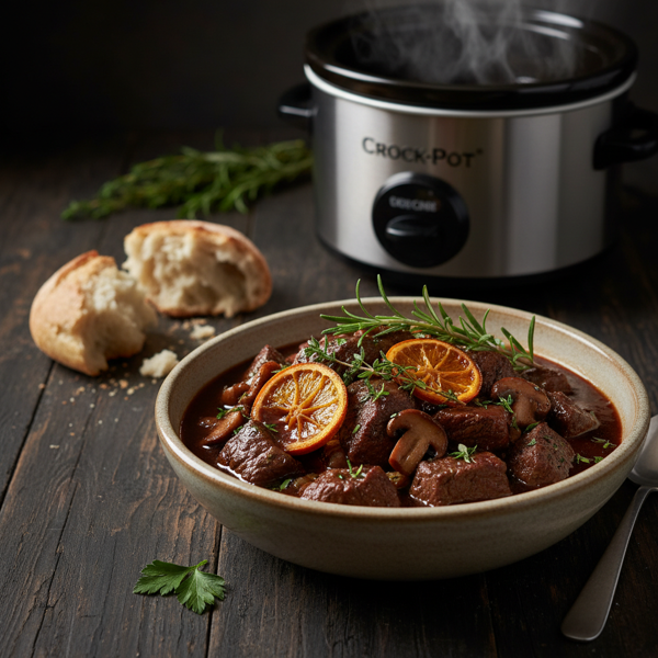 Crock Pot French Beef Burgundy with Dried Orange and Forest Mushrooms recipe