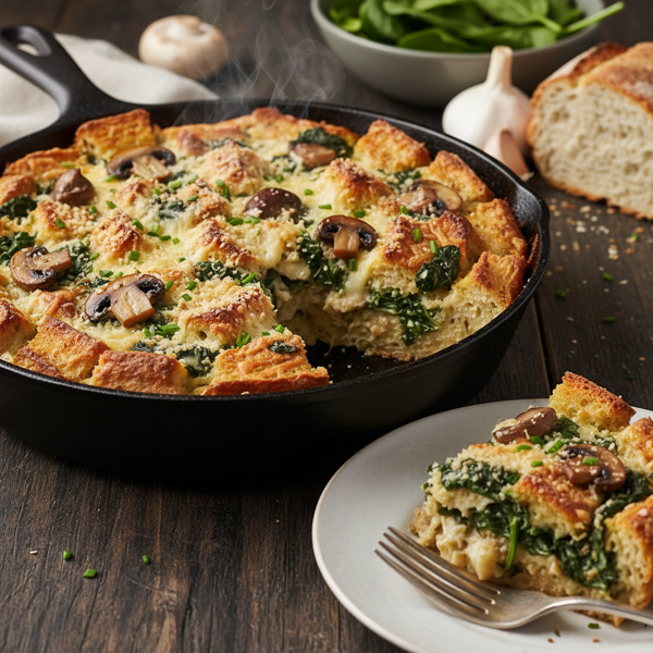 Crunchy Spinach and Mushroom Bread Pudding recipe