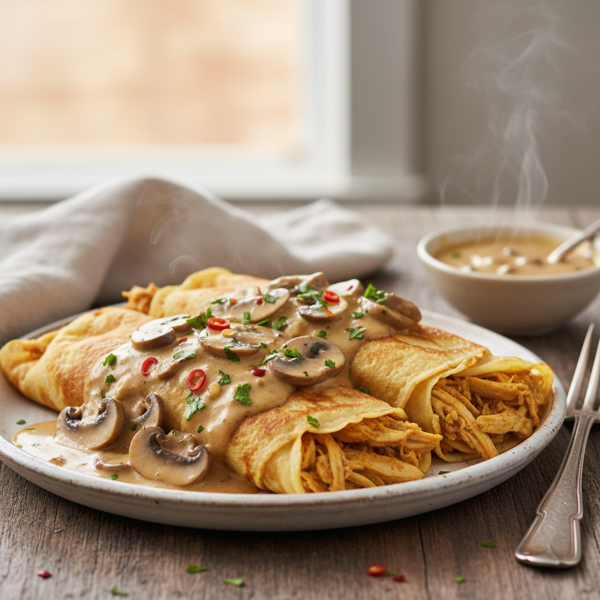 Curry-Infused Chicken Crepes with Mushroom Sauce recipe