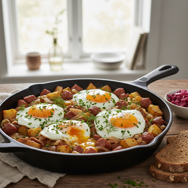 Danish Breakfast Hash with Sausage, Eggs & Potatoes recipe