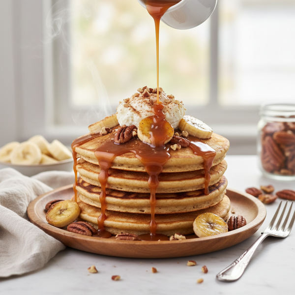 Decadent Banana Pecan Pancakes with Heavenly Caramel Sauce and Ricotta Whip recipe