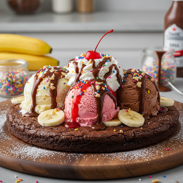 Decadent Banana Split Brownie Pizza recipe