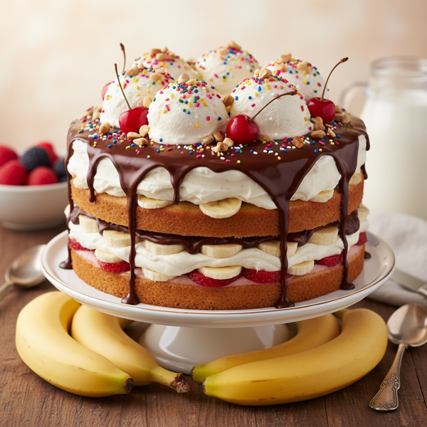 Decadent Banana Split Layered Cake recipe