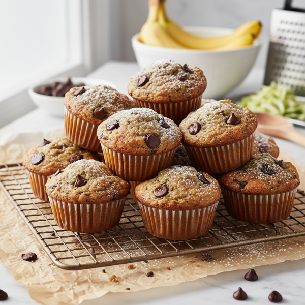 Decadent Banana Zucchini Chocolate Chip Muffins recipe