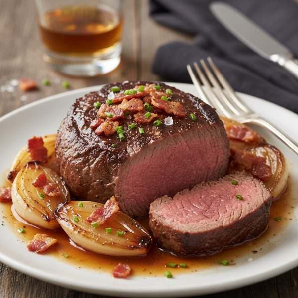Decadent Beef Tenderloin with Bourbon-Glazed Shallots and Crispy Bacon recipe
