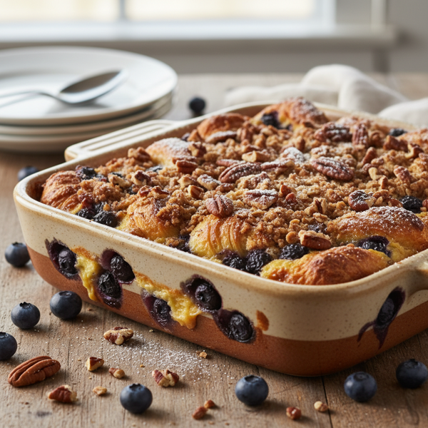 Decadent Blueberry Croissant Bake with Crunchy Pecan Topping recipe