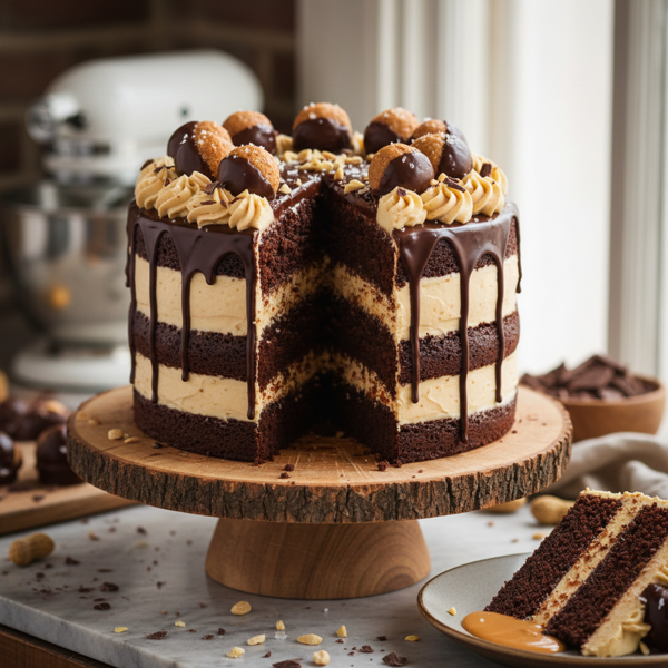 Decadent Buckeye Chocolate Peanut Butter Cake recipe