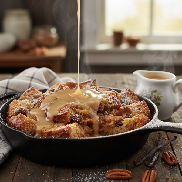 Decadent Cajun Bread Pudding with Whiskey Vanilla Drizzle recipe