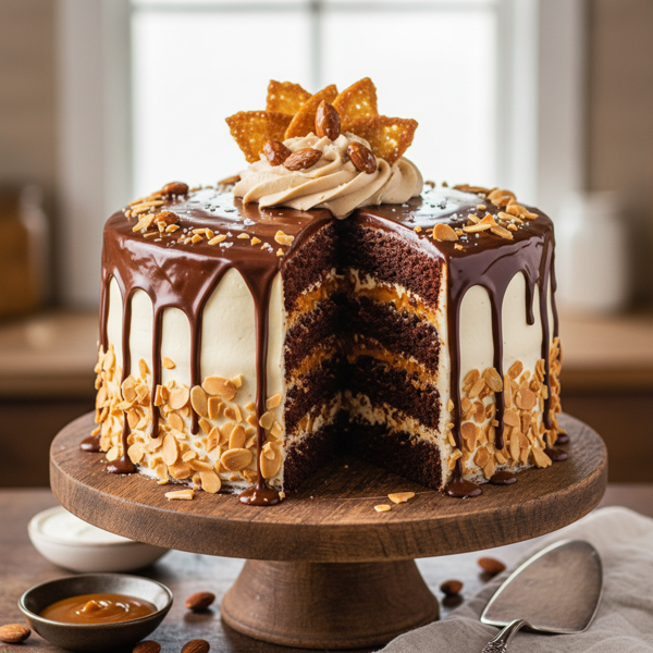 Decadent Caramel Chocolate Almond Bliss Cake recipe