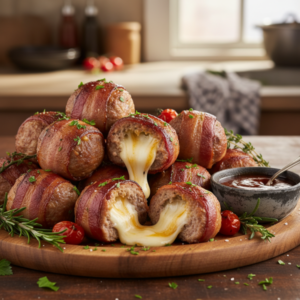 Decadent Cheese-Stuffed Bacon-Wrapped Meatballs recipe