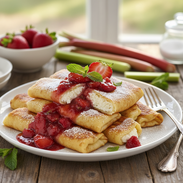 Decadent Cheese Blintzes with Fresh Strawberry-Rhubarb Compote recipe