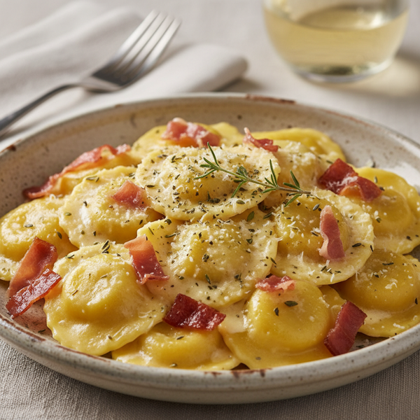 Decadent Cheese Ravioli with Prosciutto Alfredo and Herbes de Provence recipe