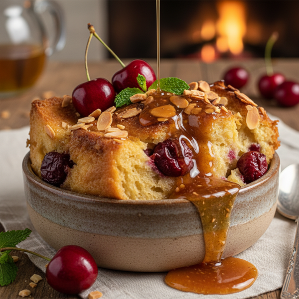 Decadent Cherry Almond Bread Pudding with Rich Whiskey Sauce recipe