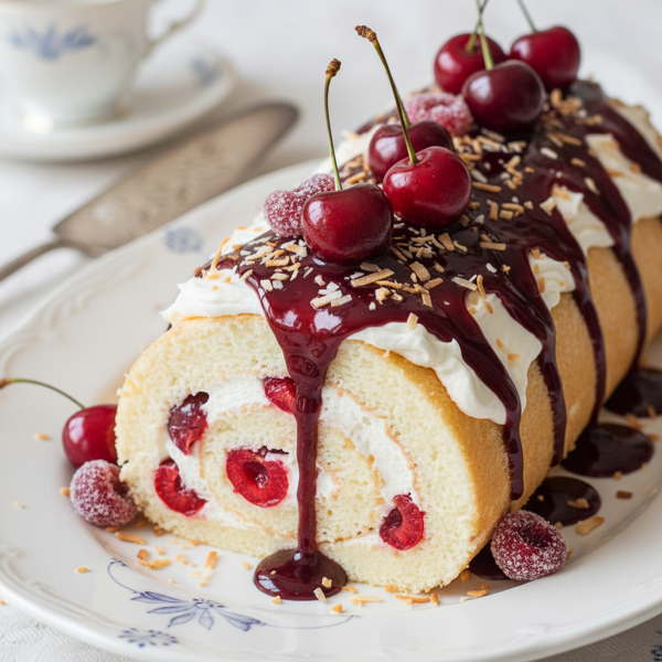Decadent Cherry Coconut Angel Food Cake Roll recipe