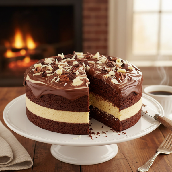 Decadent Chocolate-Vanilla Swirl Fudge Cake recipe