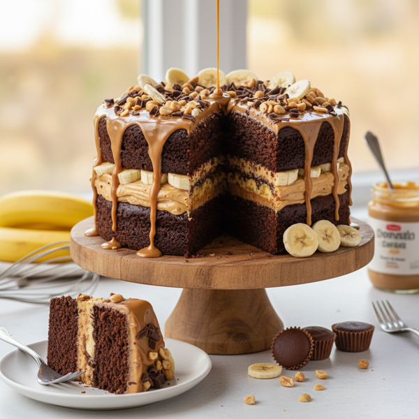 Decadent Chocolate Peanut Butter Banana Layer Cake recipe