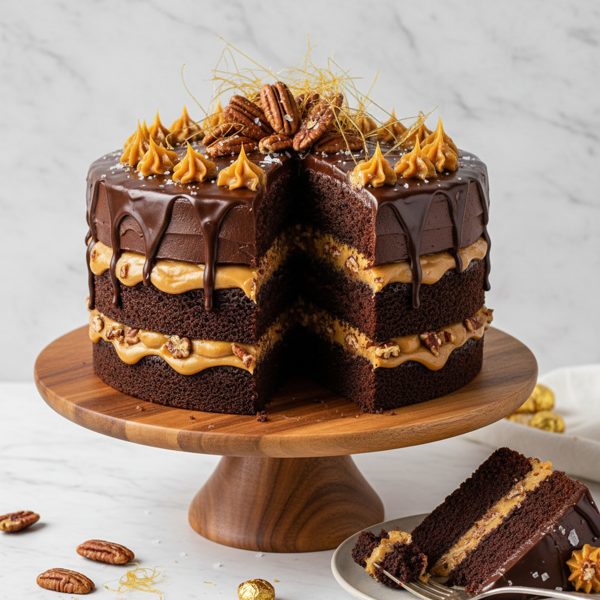 Decadent Chocolate Pecan Praline Layer Cake recipe