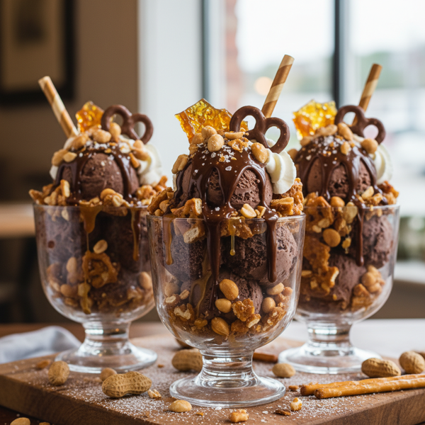 Decadent Chocolate Pretzel Peanut Brittle Sundaes recipe
