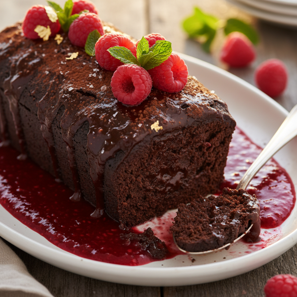 Decadent Chocolate Truffle Loaf with Luscious Raspberry Coulis recipe