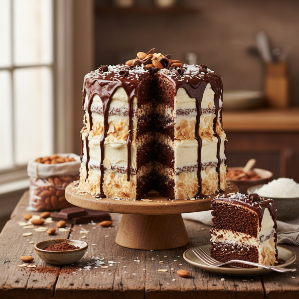 Decadent Cocoa Almond Coconut Layer Cake recipe