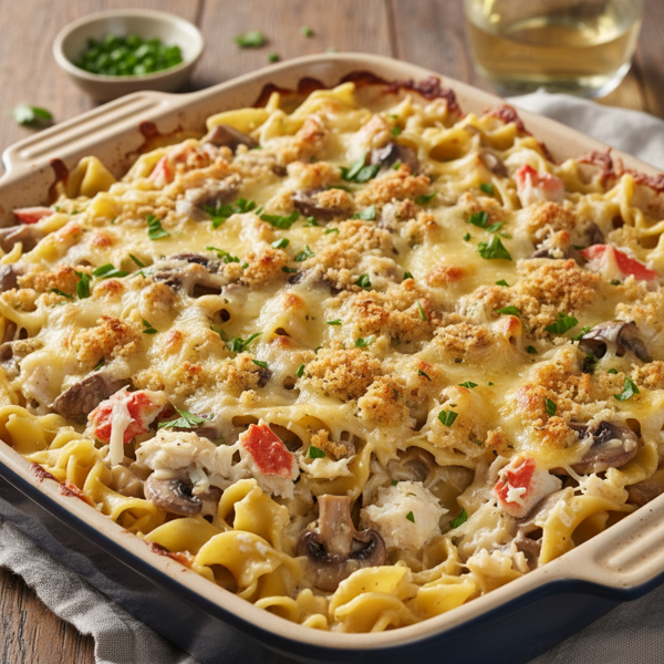 Decadent Crab and Mushroom Stroganoff Bake recipe