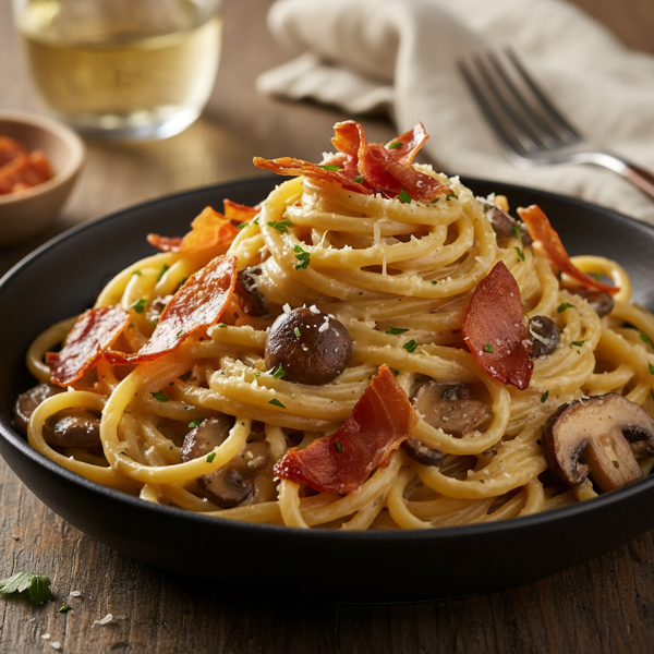 Decadent Creamy Garlic Pasta with Savory Mushrooms and Crispy Prosciutto recipe