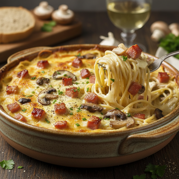 Decadent Creamy Ham & Mushroom Spaghetti Bake recipe