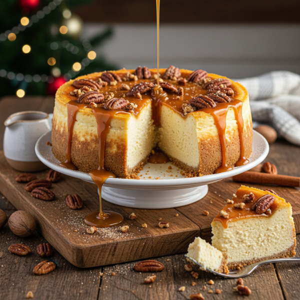 Decadent Eggnog Cheesecake with Pecan Caramel Drizzle recipe