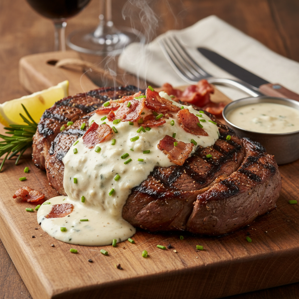 Decadent Grilled Steak with Bacon and Gorgonzola Cream Sauce recipe