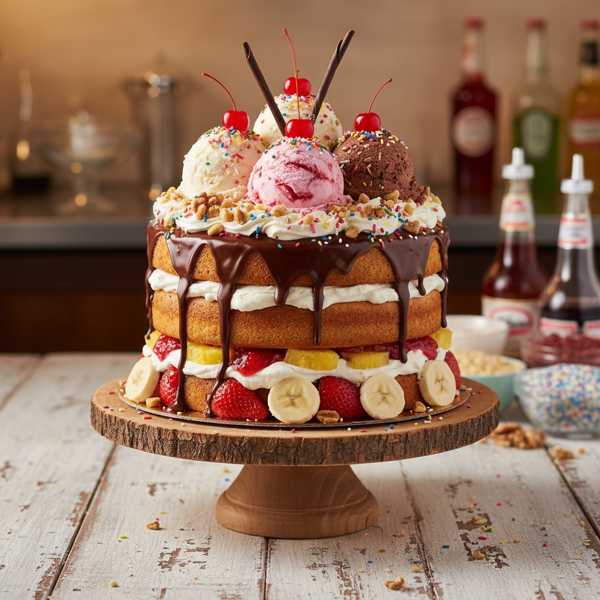 Decadent Layered Banana Split Cake recipe