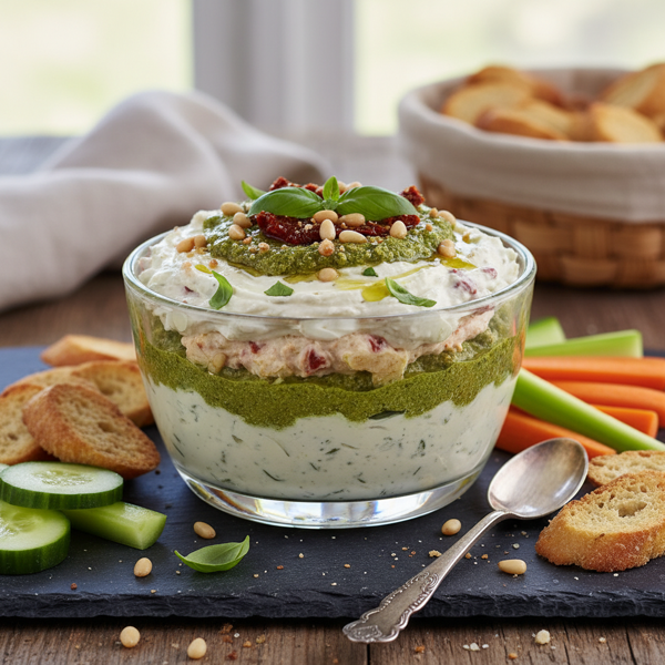 Decadent Layered Pesto Cream Cheese Dip recipe