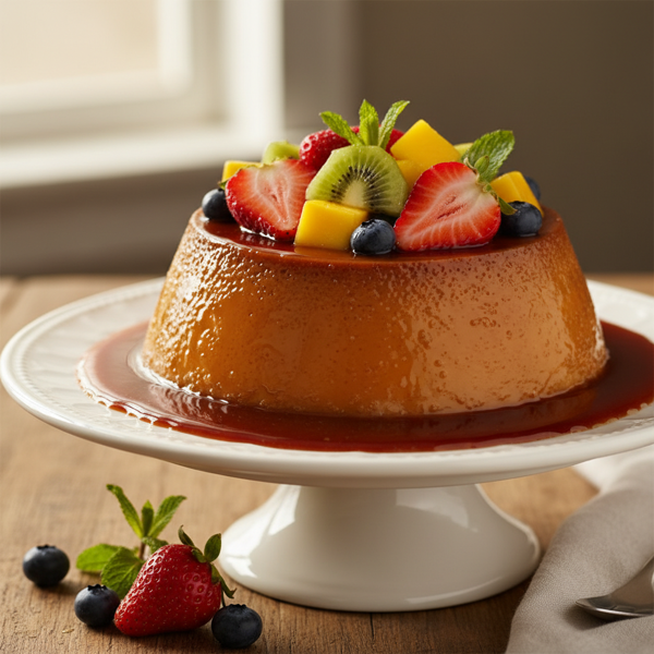 Decadent Mexican Caramel Flan with Fresh Fruit recipe
