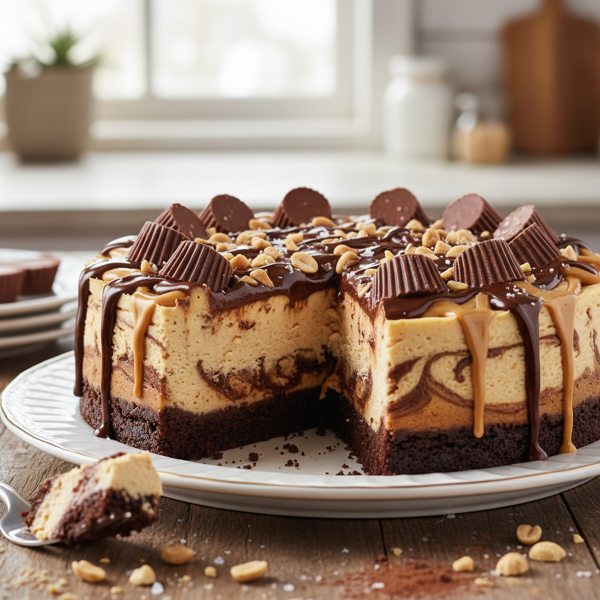 Decadent Peanut Butter Cup Brownie Cheesecake recipe