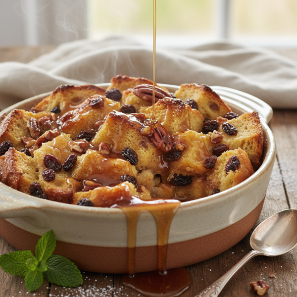 Decadent Raisin Pecan Bread Pudding with Rich Brandy Sauce recipe