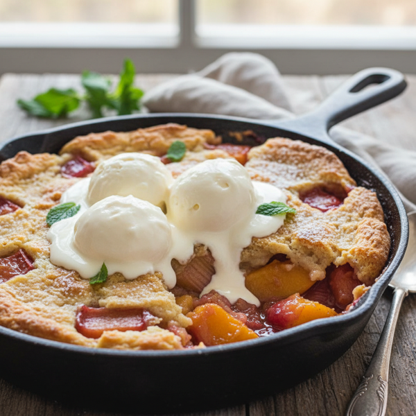 Decadent Rhubarb and Peach Cobbler with Velvety Brandied Cream recipe