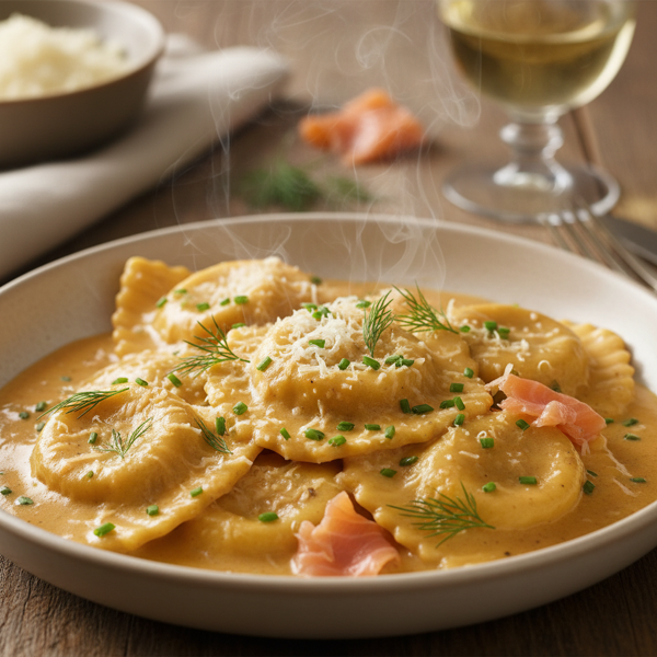 Decadent Smoked Salmon Ravioli with Gruyere Cream Sauce recipe
